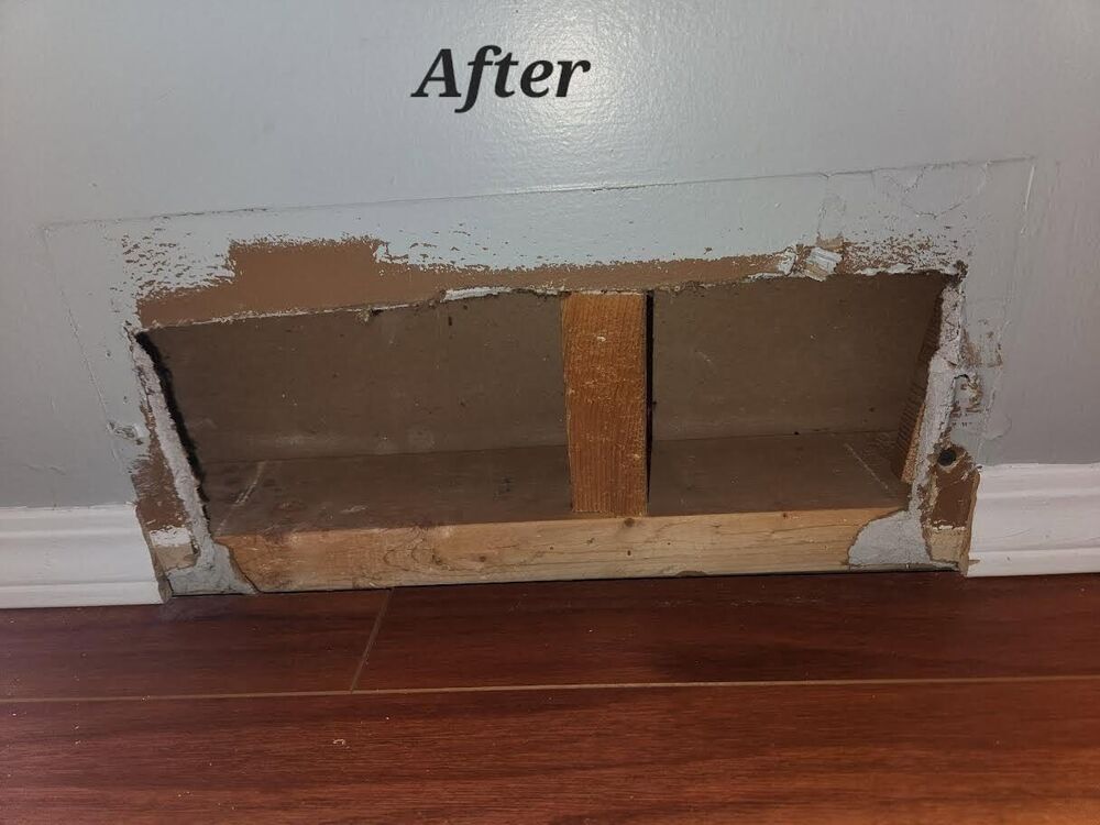 The same wall duct cavity after cleaning, completely cleared out