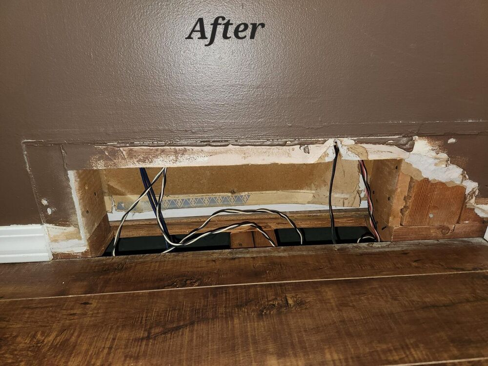 The same wall return opening cleaned out completely, clear down to the wiring and wood framing
