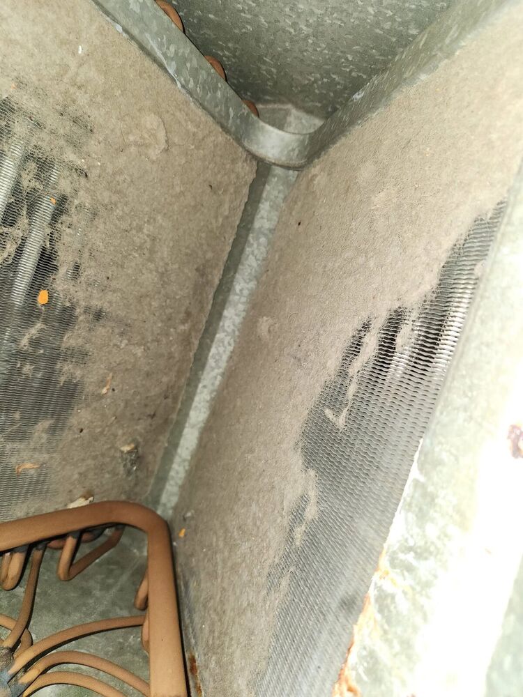 Evaporator coil matted with a thick blanket of dust and lint before cleaning