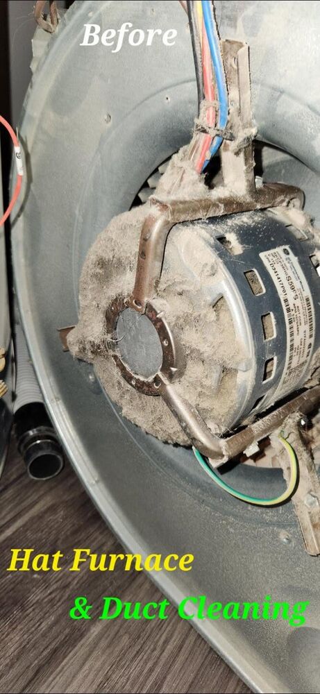 Furnace blower motor in its housing smothered in a thick coat of grey dust and lint
