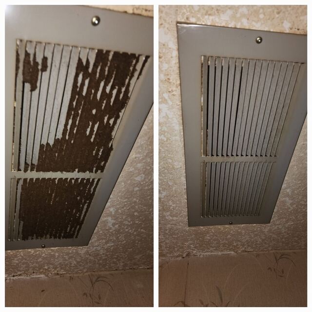 Side-by-side of one wall vent grille: slats caked with dust on the left, spotless on the right