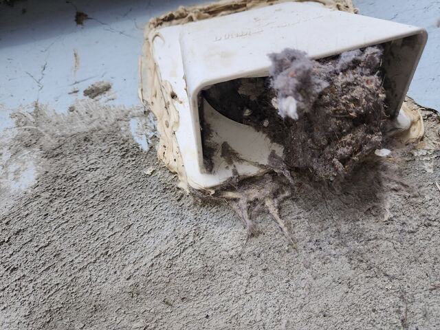 Exterior dryer vent hood completely plugged with grey lint bulging out