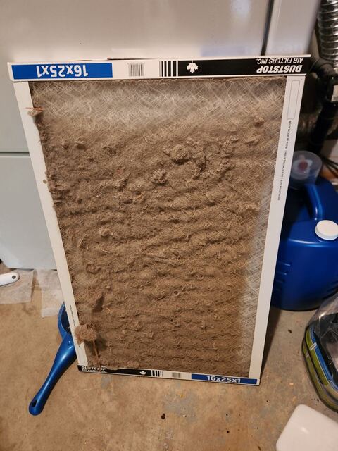 A furnace filter buried under a thick mat of dust, leaning against a furnace
